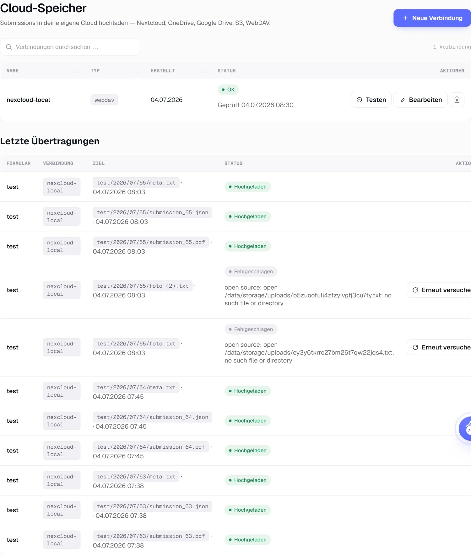 Die Liste der Cloud-Verbindungen mit Status und Aktionen