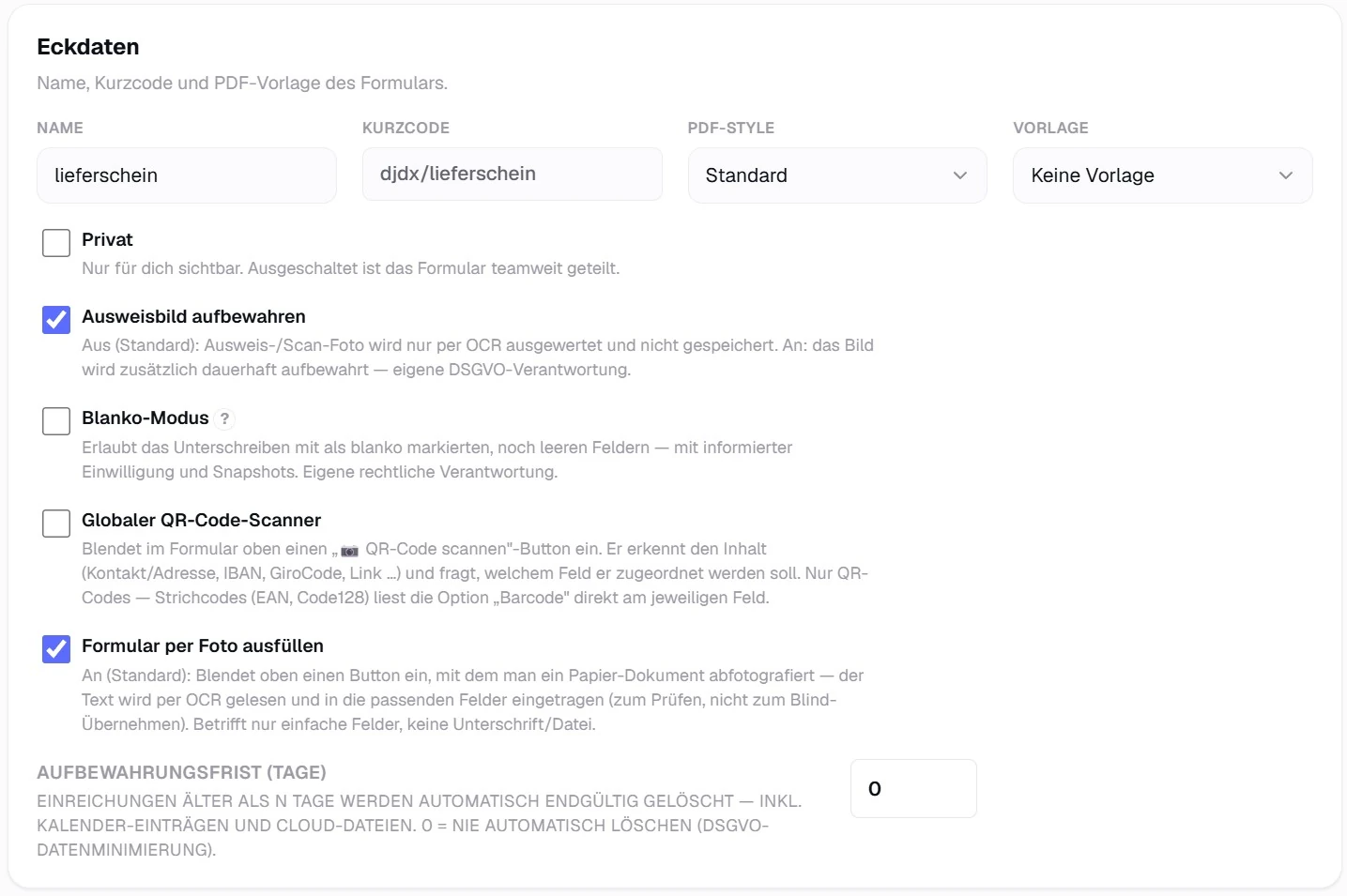 Der Eckdaten-Bereich des Formular-Baukastens