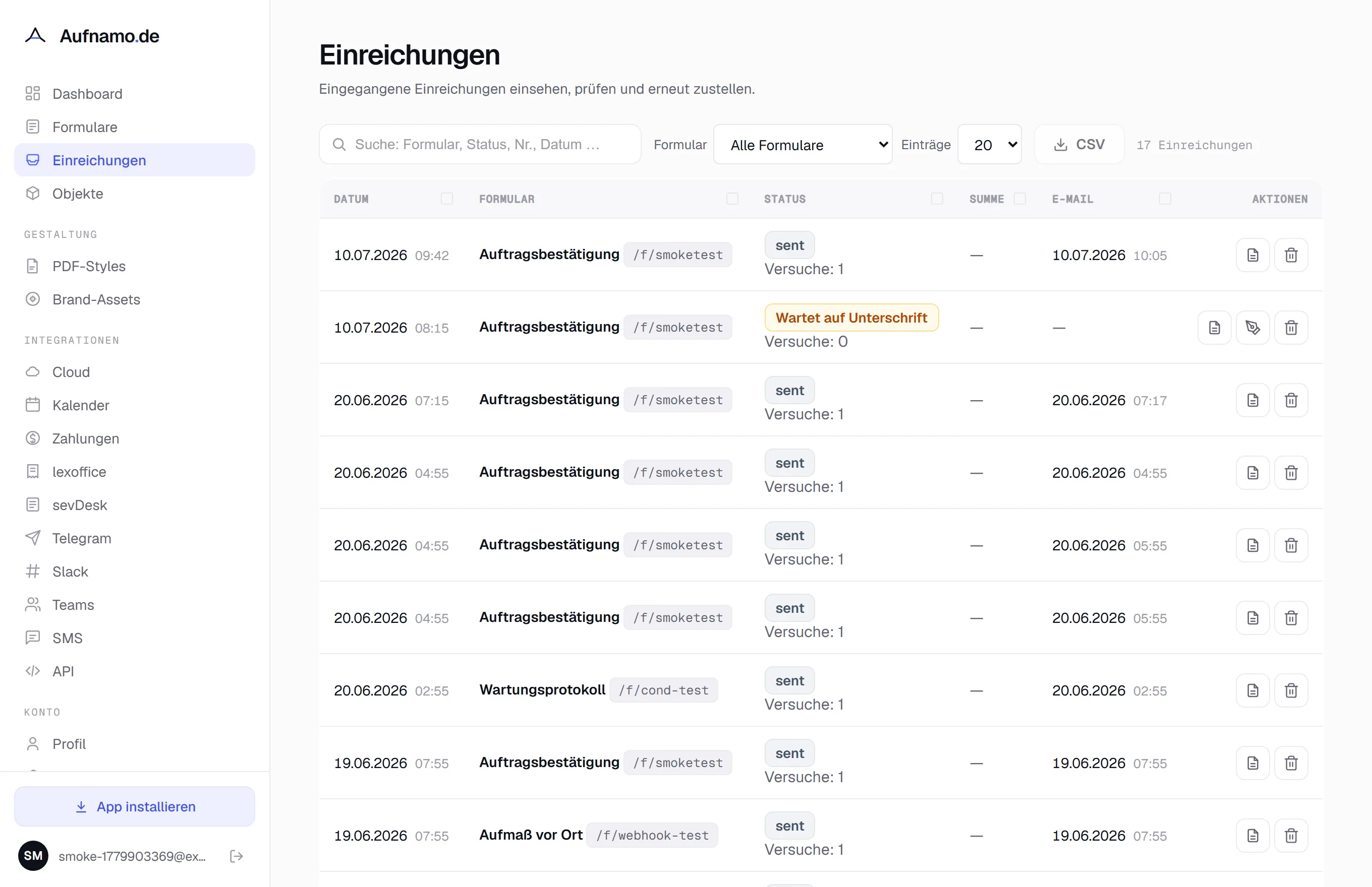 Einreichungen-Übersicht in Aufnamo mit Formular-Filter, Status und PDF-Aktionen.
