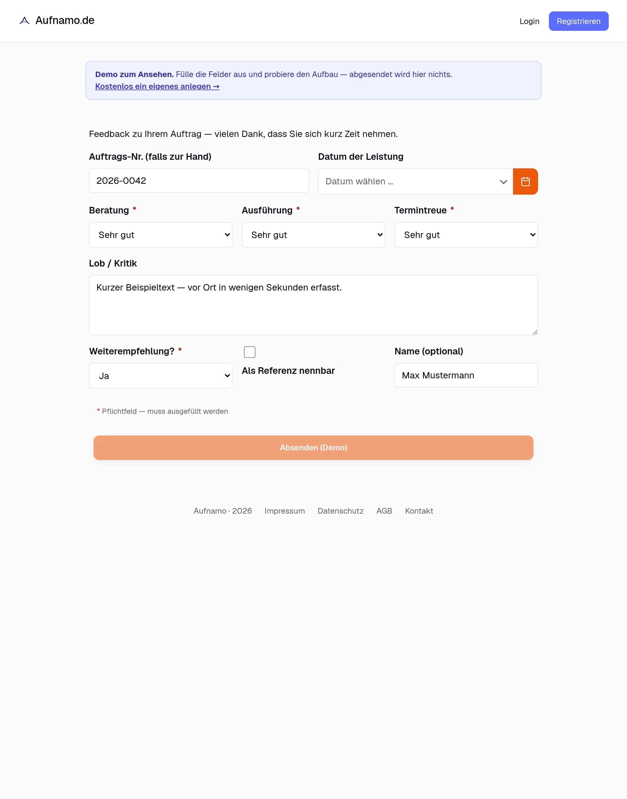 Das ausgefüllte Formular auf dem Tablet.